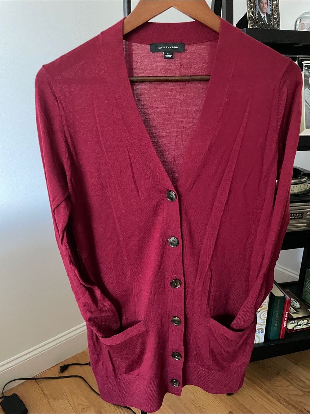 Ann Taylor Burgundy Button-Front Long Cardigan